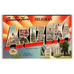 Greetings From Seligman Arizona Large Letter Linen Postcard 1940s Tichnor